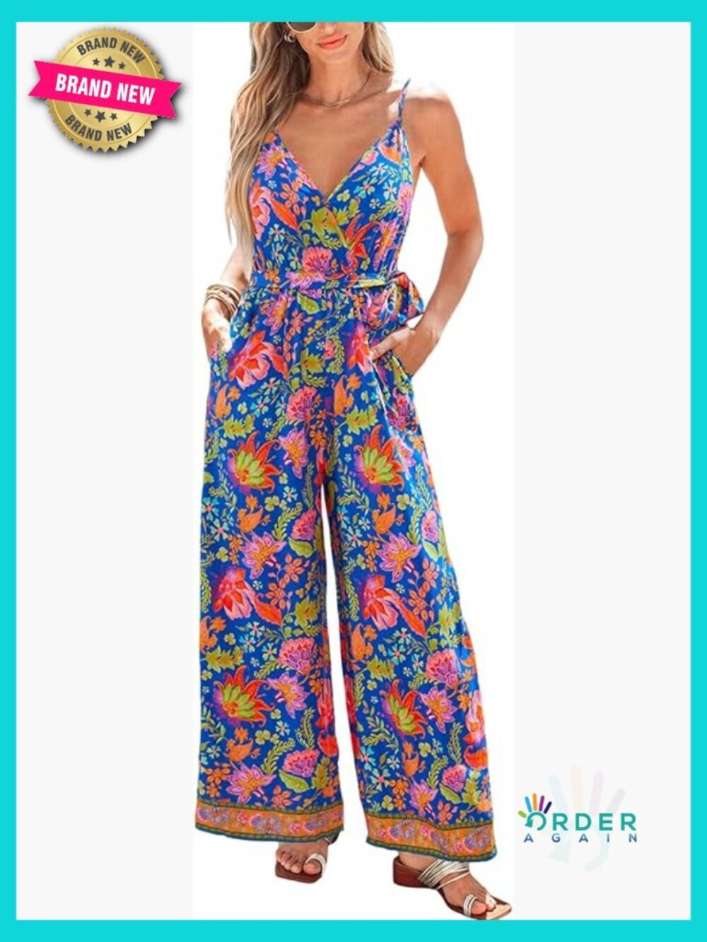 Sleeveless Floral Wide Leg Jumpsuit V Neck Tie Waist Summer Romper